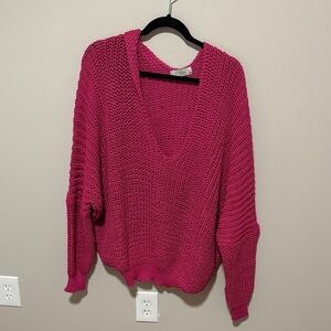 Deep V-Neck Chunky Knit Sweater in Fuchsia